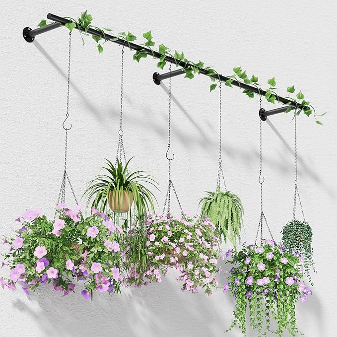 Plant Hanger Indoor 63 inch, Metal Planters Hanging Rod with 6 Hanging Chains & Hooks, Wall Plant Holder for Indoor Plants, Window, Ceiling, Black, Pots Not Included