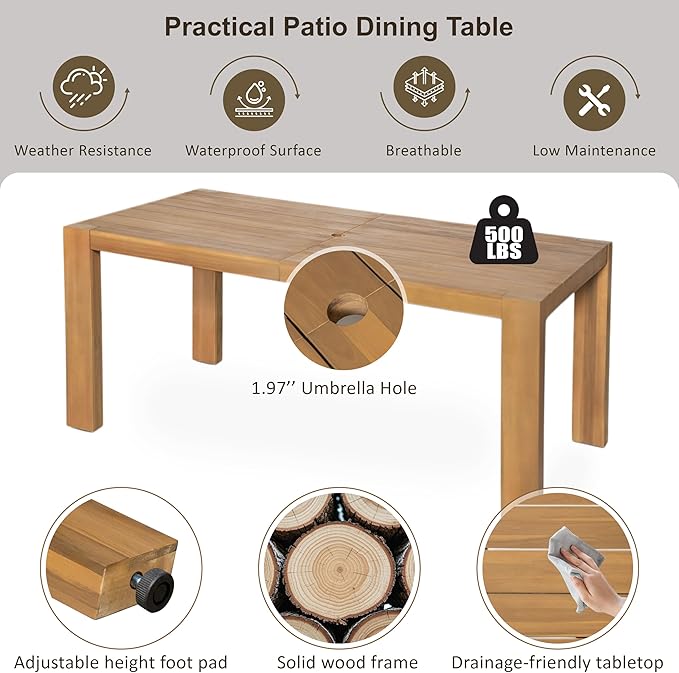 Merax 7-Piece Patio Dining Table Set,Outdoor Furniture Set with 72.8" Rectangle Table & 6 Chairs,Adjustable Leveling Feet,Umbrella Hole for Backyard,Garden, Poolside,Teak+ Beige