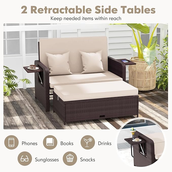 Nightcore Wicker Patio Outdoor Daybed, Outdoor Chaise Lounger w/ 4-Level Adjustable Backrest, Retractable Side Trays, Storage Ottoman, Comfortable & Removable Cushions, Rattan Loveseat (Beige)