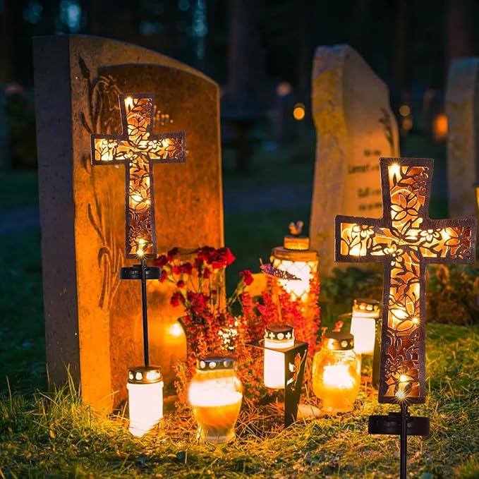 Solar Cross Garden Stake Lights 38inch Metal Outdoor Waterproof Memorial Garden Decor 2 Lighting Modes Cemetery Decorations for Grave for Remembrance Gifts & Sympathy Gifts