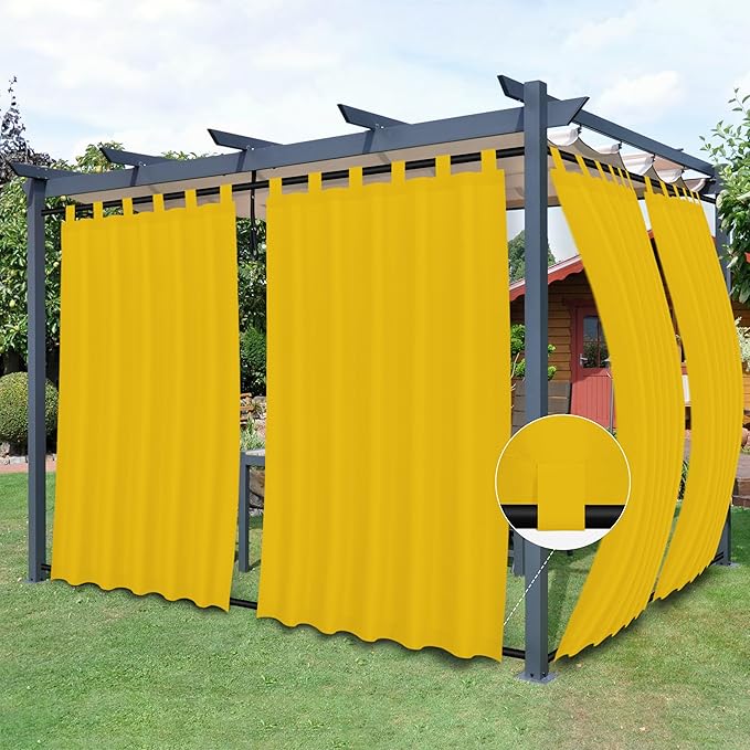 Easy-Going Outdoor Patio Curtains Detachable Tab Top Windproof Weatherproof Curtain for Cabana, Porch, Pergola and Gazebo, Tab Bottom Drape, 2 Panels, 54W x 108L inch, Yellow