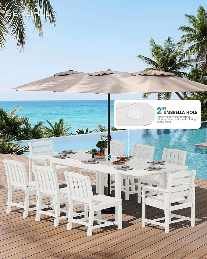 SERWALL 11-Piece Outdoor Dining Set, 60" - 83" Expandable Outdoor Dining Table and 10 HDPE Chairs, All Weather HDPE Outdoor Furniture Set for Backyard, Garden, White