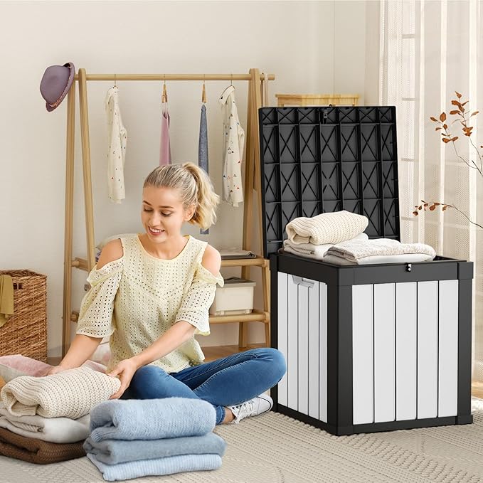 ROJIK Outdoor Storage Housing Deck Box - Waterproof Patio Furniture, Garden Tools, Cushions, Pool Accessories Storage Bench with Lockable Lid and Side Handles (Black & Whiter, 50 Gal)
