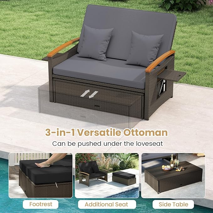 Tangkula Patio Rattan Daybed with 4-Level Adjustable Backrest, Outdoor Wicker Loveseat with Acacia Wood Armrest, Storage Ottoman & Folding Tray, Double Sunbed for Lawn Yard & Poolside, Grey & Brown