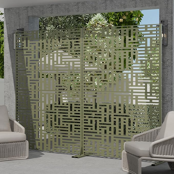 Casaphoria Metal Privacy Screen Outdoor, 72" H x 47" W Freestanding Decorative Privacy Screen for Patio Deck Balcony Garden with Stable Base, Green-Helen