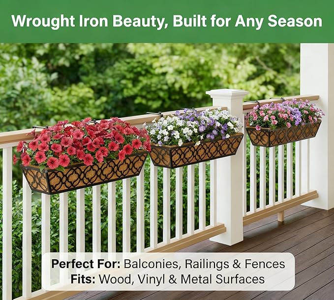 Y&M 6pcs 24 Inch Window Deck with Coco Liner, Fence Metal Hanging Flower Planter Window Basket Deck Railing Planter Boxes for Outdoor Garden Lawn