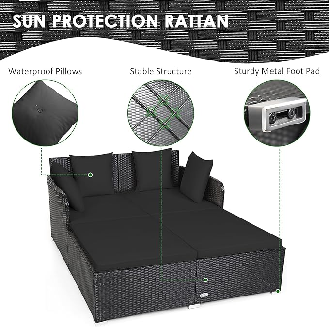 Tangkula Outdoor Rattan Daybed, Wicker Furniture with Spacious Seat, Upholstered Cushion & High-Resilience Sponge, Patio Sofa Set with 4 Pillows, 2-Person Sunbed for Poolside Backyard Garden & Balcony