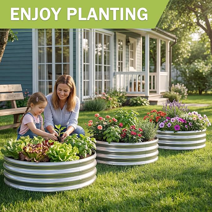 AHEONLAR 3Pack 2x2x1 ft Round Galvanized Raised Garden Bed Kit Round Metal Flower Box Large Planter Raised Beds Outdoor Garden for Planting,Fruit,Herb-Sliver