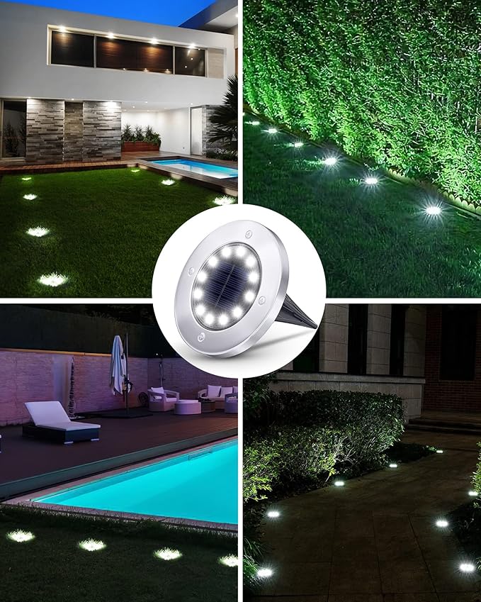 Biling Solar Outdoor Lights 12 Pack, Bright 12 LEDs Solar Ground Lights Waterproof, Flat Landscape Lighting Solar Powered for Yard Walkway Pathway Garden Driveway (White)