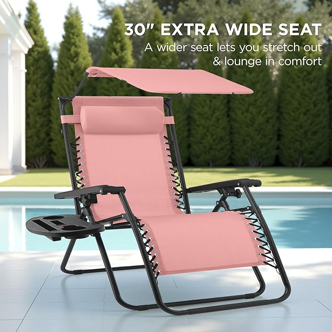 Best Choice Products 30” Wide Folding Zero Gravity Outdoor Recliner Patio Lounge Chair w/Adjustable Canopy Shade, Headrest, Side Accessory Tray - Pink