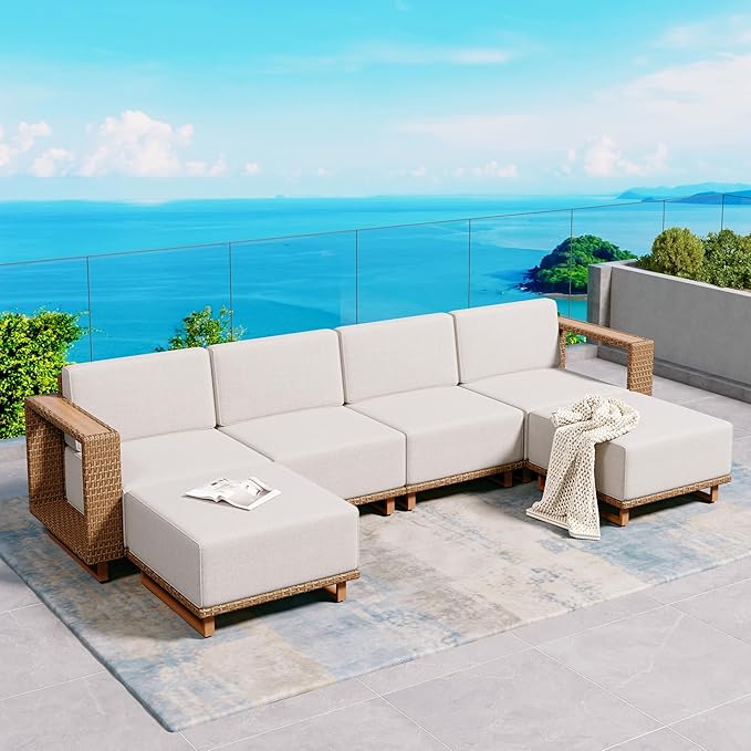 Sectional Outdoor Patio Furniture,U Shaped Rattan Wicker Sectional Sofa with 10''Ultra-Thick Cushions,All Weather Patio Conversation Set for Lawn Garden Backyard,Beige