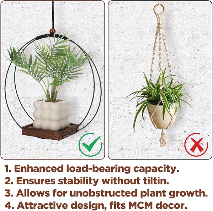 2 Pack Hanging Planters for Indoor Outdoor Plants, 12 Inch Sturdy Wood Base Metal Plant Hanger Modern Boho Minimalist Flower Pot Holder Basket Wall Ceiling Window Stands Home Wall Decor