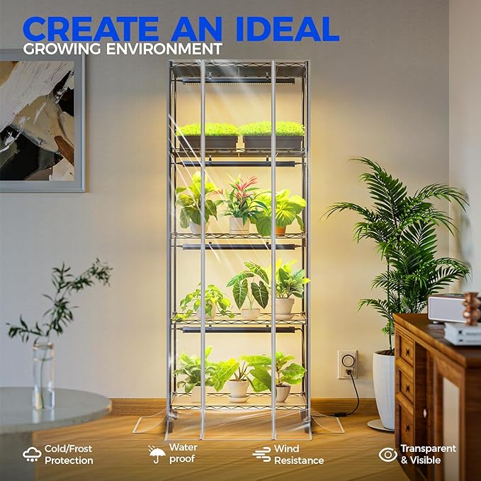 Barrina CX91Z Indoor Greenhouse with Grow Light, 5-Tier Plant Stand with Cover and 1.6FT 25W(Per Light) Full Spectrum Plant Lights, Plant Shelves with Tent for Seed Starting, 23.6x13.8x59IN