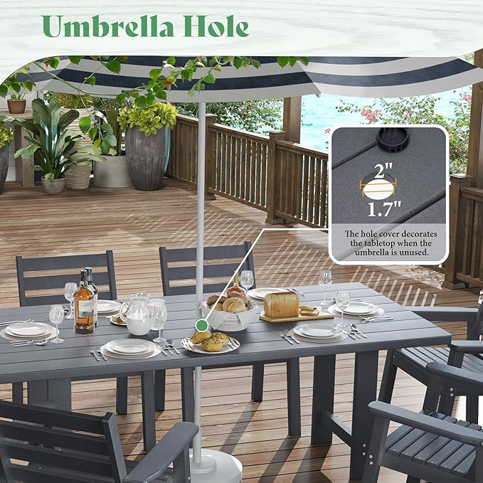 AMERLIFE 7-Piece HDPE Outdoor Dining Set with Umbrella Hole, 71" L Patio Table and Chairs Set for 6, Modern Garden Dining Set for Backyard, Poolside, Seaside, Porch, Gray