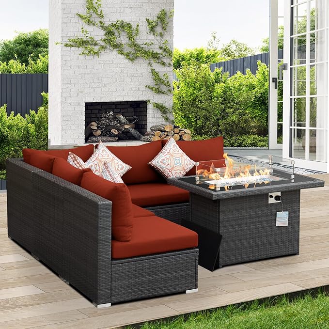 NICESOUL 6 Piece Modern Outdoor Conversation Set with Fireplace Natural Gas/Propane, 29.3'' High Back Deep Wide Seat Sofa Couches for Garden, Oversized Patio Sectionals, 2 Color Cushion Wine & Grey