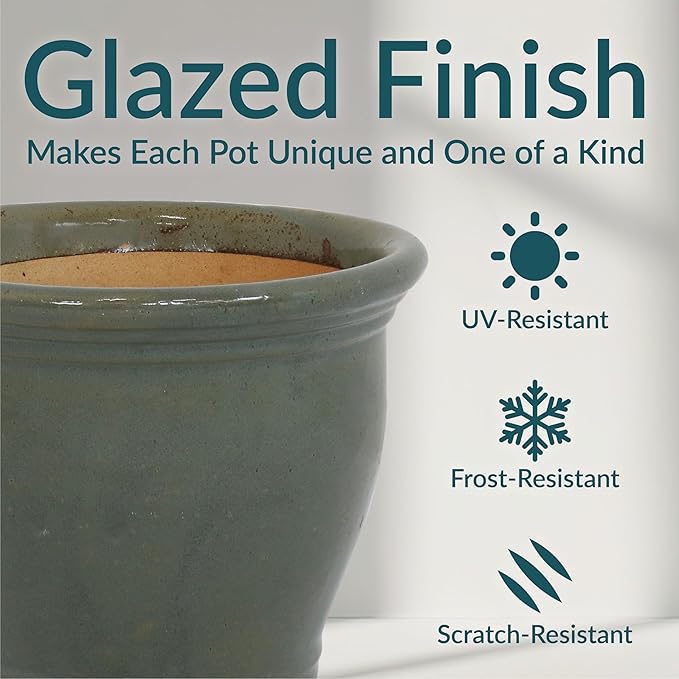 Sunnydaze Round Ceramic Planter - Set of 2 Indoor or Outdoor Plant Pots with Drainage Hole - Studio - 11" - Gray Glaze