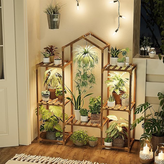 Bamworld Plant Stand Indoor with Grow Lights Wood Plant Shelf for Hanging Planter Pots Display Flower Stand for Living Room Patio Garden Decor
