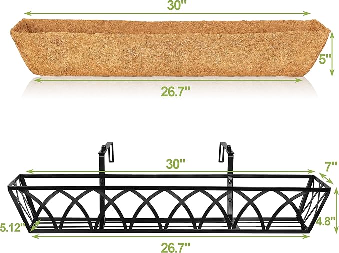 30 Inch Window Deck with Coco Liner Set of 2, 30" Window Boxes Horse Trough with Coconut Coir Liner,Metal Hanging Flower Planter Window Basket Deck Railing Planter Boxes for Outdoor Indoor Lawn