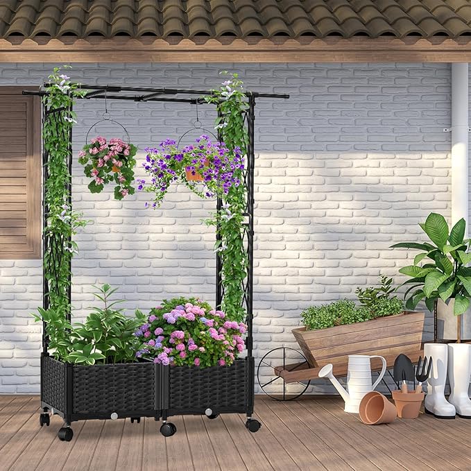 Planter with Trellis Raised Garden Beds, 4.5ft Tall with Screen Indoor Outdoor, Vegetable Flower Privacy Planter Box for Backyard Balcony Patio, Black