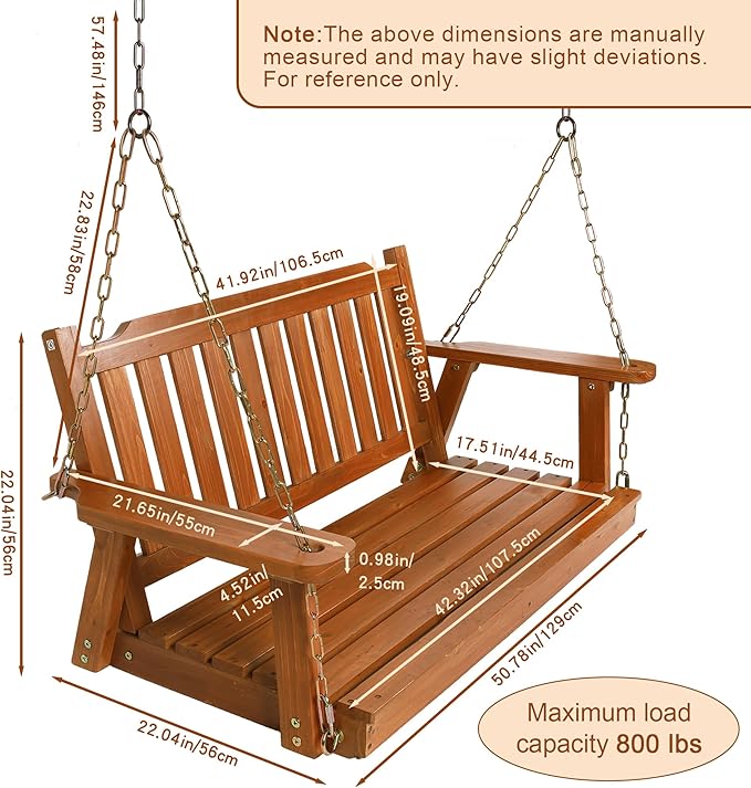 Wooden Porch Swing 2-Seater, Bench Swing with Hanging Chains, Heavy Duty 800 LBS, for Outdoor Patio Garden Yard, 4 Ft, Brown