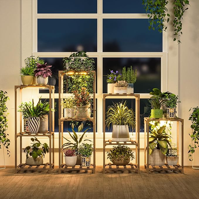 Bamworld Plant Stands with Grow Light Indoor 4 Sets Plant Shelves Outdoor Wooden Plant Holder for Multiple Plants Flower Stands Window Warm Light