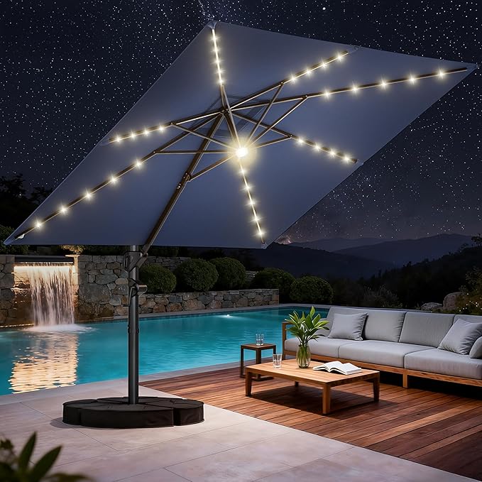 HOMSHADE 10 ft Square Cantilever Patio Umbrella with Base Included, Solar Lights Large Umbrella Outdoor Patio with 360°Rotation&Tilting, LED Lighted Offset Umbrellas w/Stand for Pool Deck