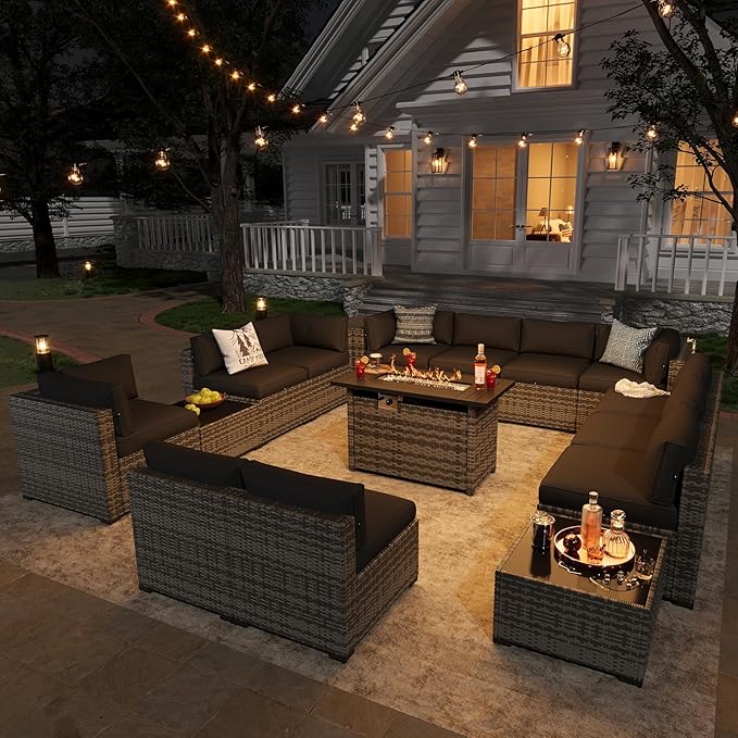 Aoxun Patio Furniture Sets, 15-Piece Outdoor Patio Furniture with 44'' Propane Gas Firepit Table, Wicker Outdoor Conversation Set Sectional Sofa for Backyard, Poolside, Garden