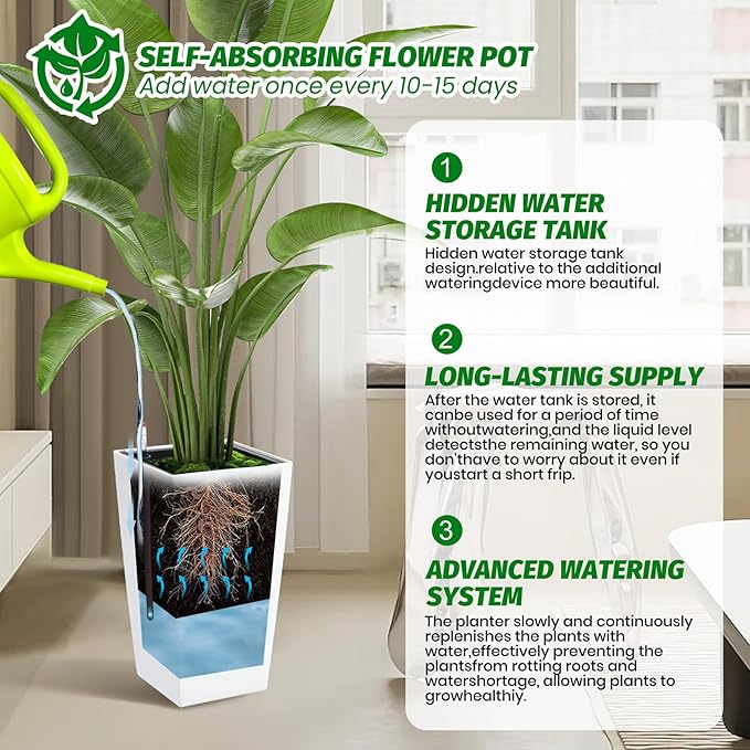 Garvee 16" Tall Planters Set of 2, Outdoor＆Indoor Black Planter Pots, High Front Porch Planter Pots with Drainage Holes＆Water Level Monitor＆Inner Bucket,White