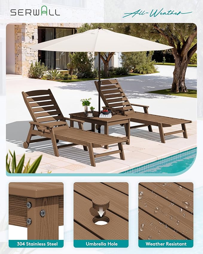SERWALL Outdoor Coffee Table with 9FT Umbrella, HDPE Patio Coffee Table for Outside, Rectangle, Brown(Not Include Umbrella Base)