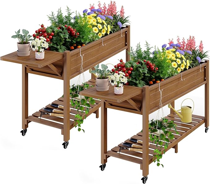 YEFU Raised Garden Bed with Legs: 57x18x30in Elevated Poly Planter with Wheels,Waterproof Mobile Raised Bed Garden, Elevated Planter Box Stand with Storage Shelf,for Herb,Carrot,Tomato (Teak,2pcs)