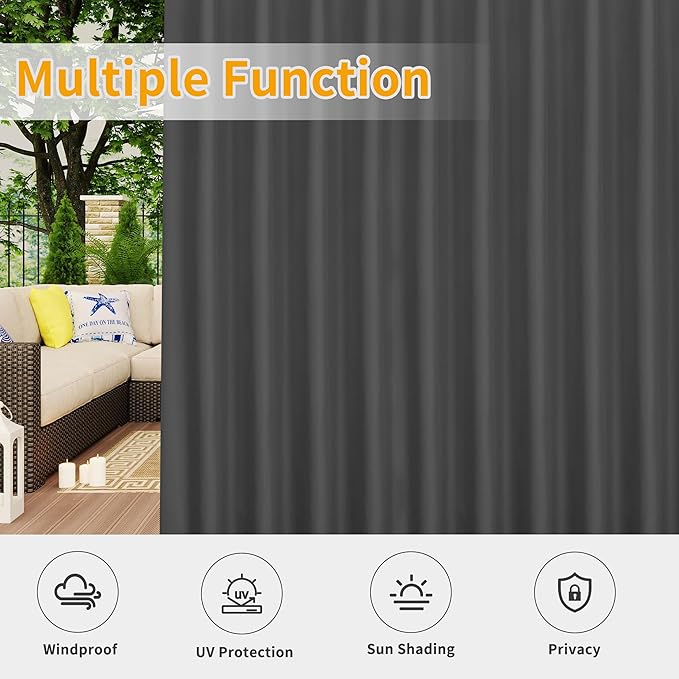 Easy-Going Outdoor Patio Curtains Detachable Tab Top Windproof Weatherproof Curtain for Cabana, Porch, Pergola and Gazebo, Tab Bottom Drape, 2 Panels, 110W x 108L inch, Gray