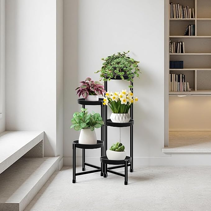 CASIMR Plant Stand Indoor Outdoor, Tall Black Metal Rustproof Stable Plant Stands, 5 Tier 31.6 inch Foldable Multiple Plants Rack Holder Rack Flower Pot Stand Heavy Duty Plant Shelf, Black