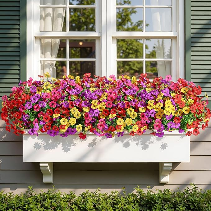 Alupssuc 48 Bundles Artificial Flowers for Outdoors Decoration, UV Resistant Silk Faux Daisy Flora Spring Fake Plastic Plants Greenery for Outside Indoor Yard Home Porch Window Box Decor, Mix 4 Colors