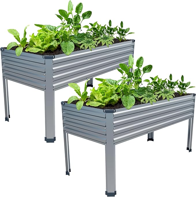 2PCS 48×24×30in Galvanized Raised Garden Bed,Metal Elevated Planter Box with Legs for Patio,Balcony,Backyard,300lb Capacity,Silver
