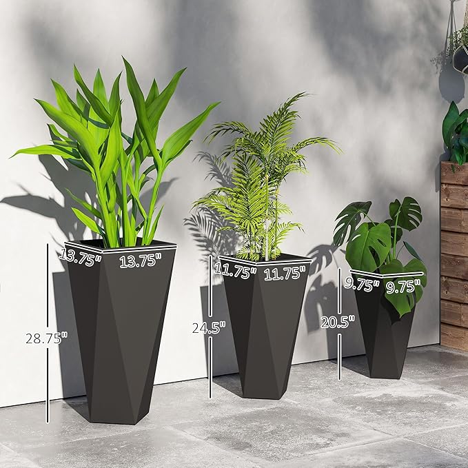 Outsunny Set of 3 Tall Planters, 28.75", 24.5", 20.5", MgO Indoor Outdoor Planters with Drainage Holes, Stackable Flower Pots for Garden, Patio, Balcony, Front Door, Black