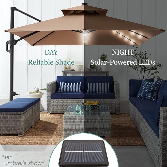 Best Choice Products 10x10ft Cantilever Patio Umbrella w/Base Included, Solar LED Lights 360 Rotation Large Offset Hanging Outdoor Shade for Deck Pool Backyard w/Stand – Sky Blue