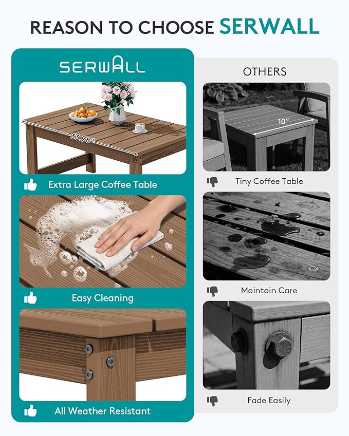 SERWALL Outdoor Coffee Table with 9FT Umbrella, HDPE Patio Coffee Table for Outside, Rectangle, Brown(Not Include Umbrella Base)