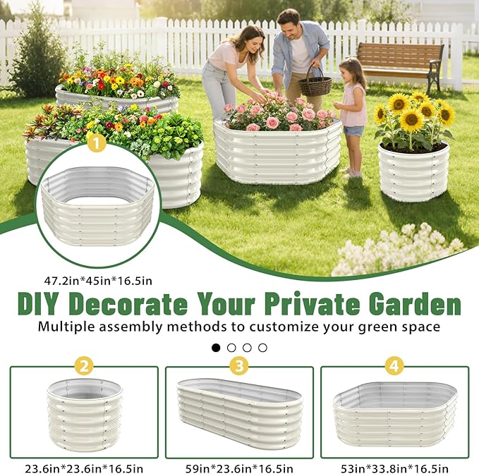 Hexagon Raised Garden Bed, 48 Inch Diagonal & 16.5 Inch Tall, Galvanized Steel Planter Box with Wave-Shaped Metal Panels for Outdoor Flower,Tree,Herb & Vegetable Garden (Cream white, 4FT X 1.5FT)