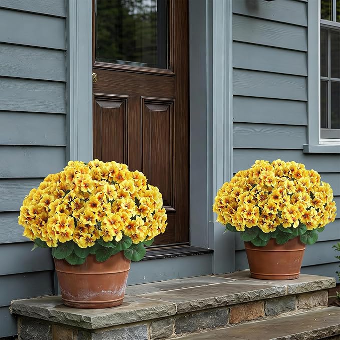 2 Pack Artificial Geranium Flowers Topitary Trees for Outdoors, UV Resistant Geraniums Potted Bushes Look Real Silk Faux Plants for Front Door Garden Porch Planter Farmhouse Home Decor (Yellow)
