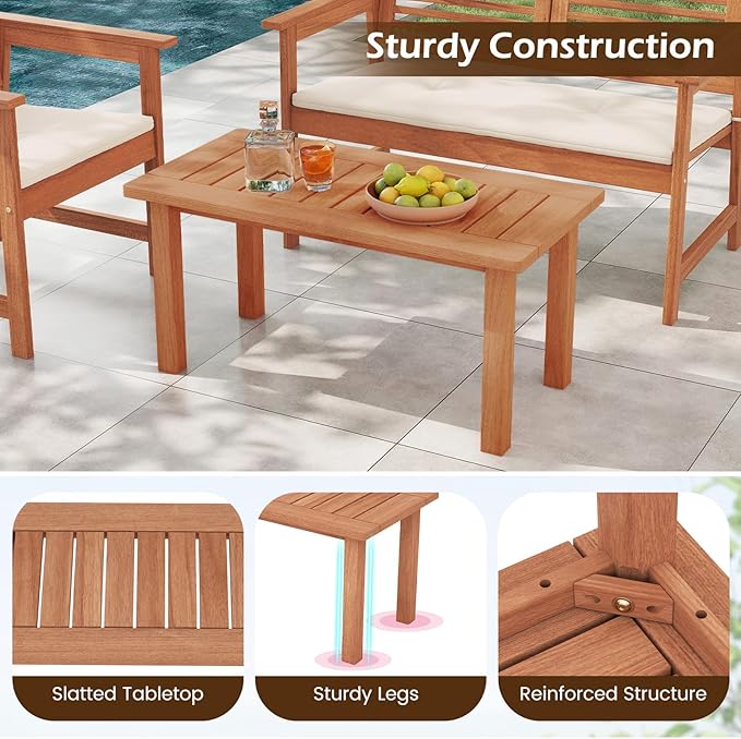 Tangkula Outdoor Coffee Table, 35.5” Patio Table with Slatted Tabletop, Rectangular Wooden Center Table Indoor Outdoor for Balcony, Poolside, Garden, Living Room, Natural