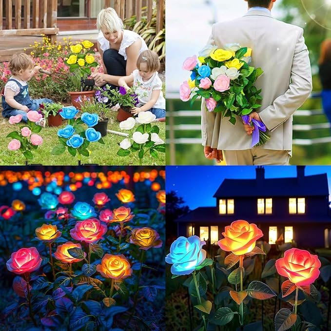 WdtPro Solar Lights Outdoor, 8 Pack Solar Garden Light with 40 Rose Flowers, 7 Color Changing Solar Powered Flowers Lights Waterproof for Outside Patio Yard Pathway Decor