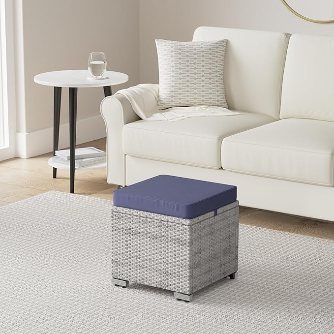 Best Choice Products Set of 2 Wicker Ottomans, Multipurpose Outdoor Furniture for Patio, Backyard, Additional Seating, Footrest, Side Table w/Storage, Removable Cushions - Gray/Navy