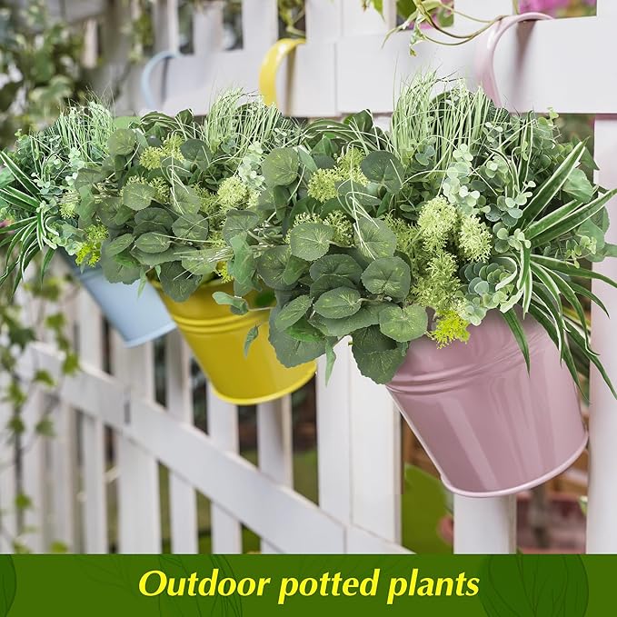24Pcs Artificial Outdoor Plants UV Resistant Fake Plastic Greenery Boxwood Eucalyptus Spring Onion Grass for Outside Yard Front Porch Patio Window Box Planter Hanging Basket Decor (Grey Green)