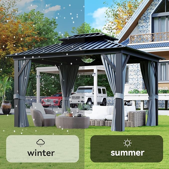 Aoxun 10'x12' Hardtop Gazebo, Aluminum Frame Canopy with Double Galvanized Steel Roof, Outdoor Metal Pavilion with Netting, and LED Outdoor Waterproof Hanging Lights
