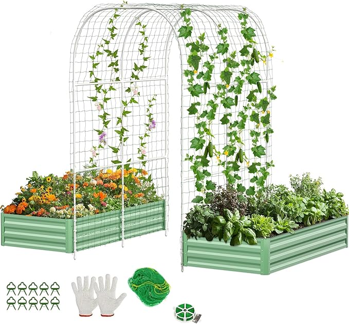 DoCred 3 in 1 Raised Garden Bed with 87in Tall Arch Trellis for Climbing Plants, Galvanized Planter Garden Box Outdoor for Gardening, Climbing Vegetables, Flower, Green