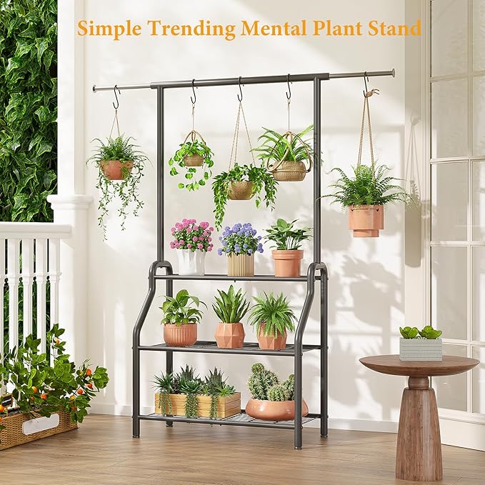 Plant Stand Indoor Outdoor, 3-Tier Heavy Duty Metal Hanging Plant Shelf, 61'' Tall Large Plant Holder Rack for Multiple Big Pots, Flower Stand for Living Room, Garden, Balcony, Black