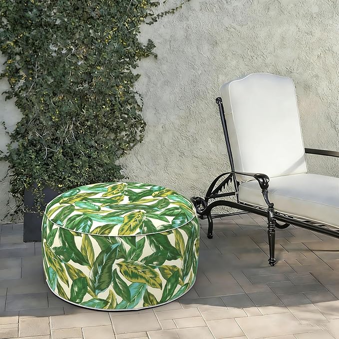 LVTXIII Indoor/Outdoor Extra Large Inflatable Ottoman Pouf D31 x H14 Inch, Round Footstool with Handle, Weather-Resistant Portable Furniture for Patio, Camping, Beach, Lush Leaf Jungle