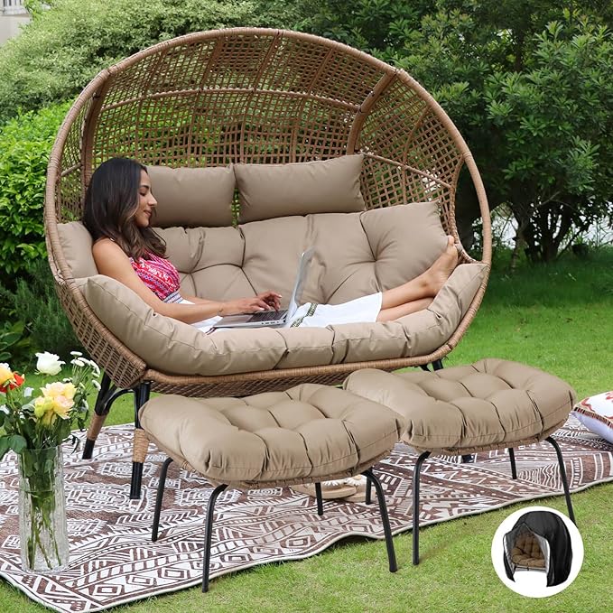 NICESOUL Indoor Outdoor Double Egg Chair with Footstools & 6.5" Thick Cushions, Oversized Wicker Egg Shaped Chair with Footrest, Stationary 2 Seater Comfy Loveseat for Patio Backyard Garden Sunroom