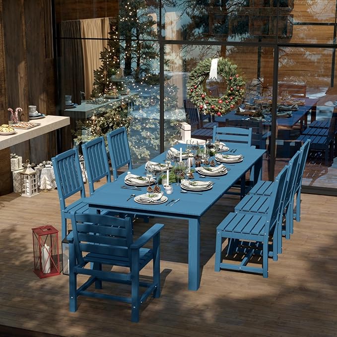 9-Piece Outdoor Dining Set for 8, 75.2'' HDPE Table with Umbrella Hole & Chairs, Weather-Resistant Patio Furniture for Lawn, Yard, Balcony, Deck Navy Blue