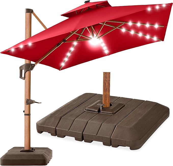 Best Choice Products 10ft Square Cantilever Patio Umbrella w/Base Included, Woodgrain Pattern Pole & Solar LED Lights, 360-Rotation, Offset Hanging Outdoor Shade - Red